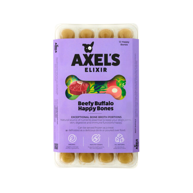 Studio product photography of dog treats in branded packaging for a commercial pet food campaign Axels Elixe