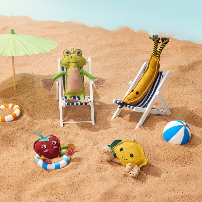 Creative studio photography of pet toys styled in a beach-themed set for a commercial campaign