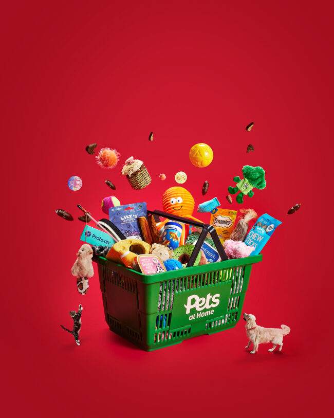 Creative studio photography of pet products exploding from a crate for a commercial pet retail campaign