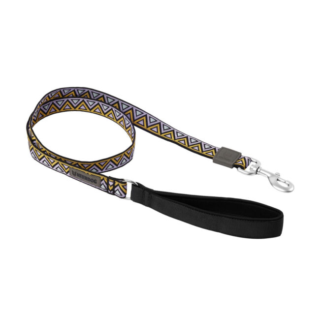 Studio product photography of a patterned dog lead with clip for a commercial pet accessories brand Neerdog