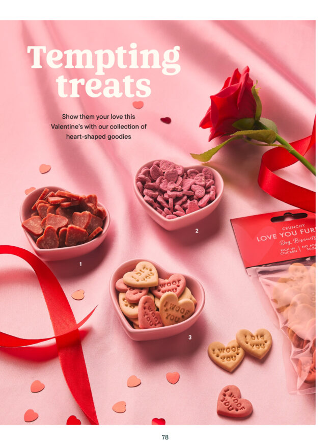 Heart-shaped dog treats styled on a pink background for Valentine’s Day